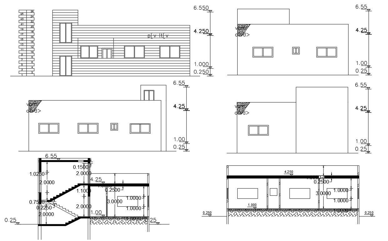 Single Floor Elevations With Sections Of Small House DWG File - Cadbull