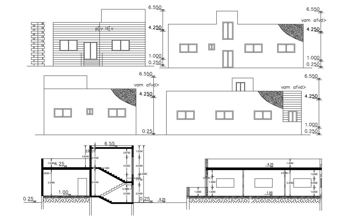 Single Floor House Bungalow Elevations And Sections AutoCAD - Cadbull