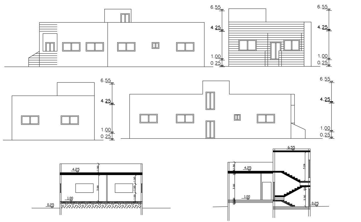 Single Floor House Elevations And Sections Architectural Drawing - Cadbull