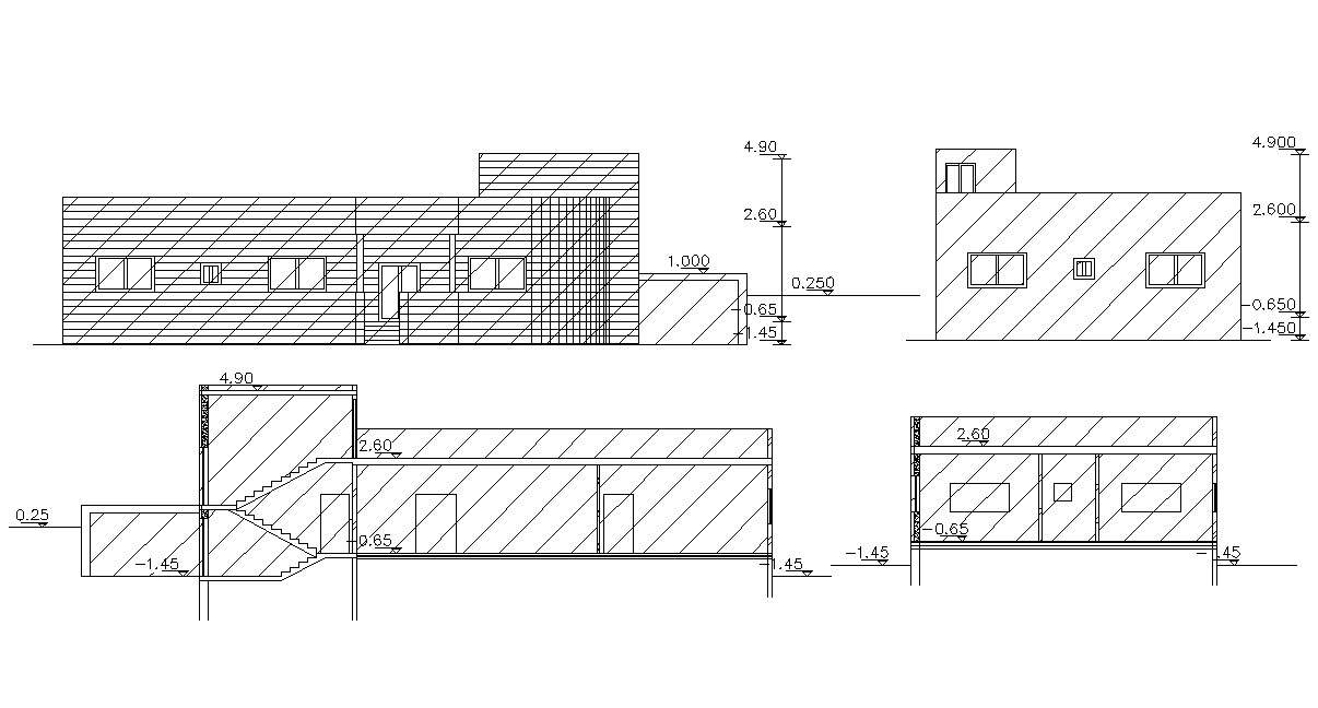 Single Floor House Elevations And Sections Architectural Drawing - Cadbull