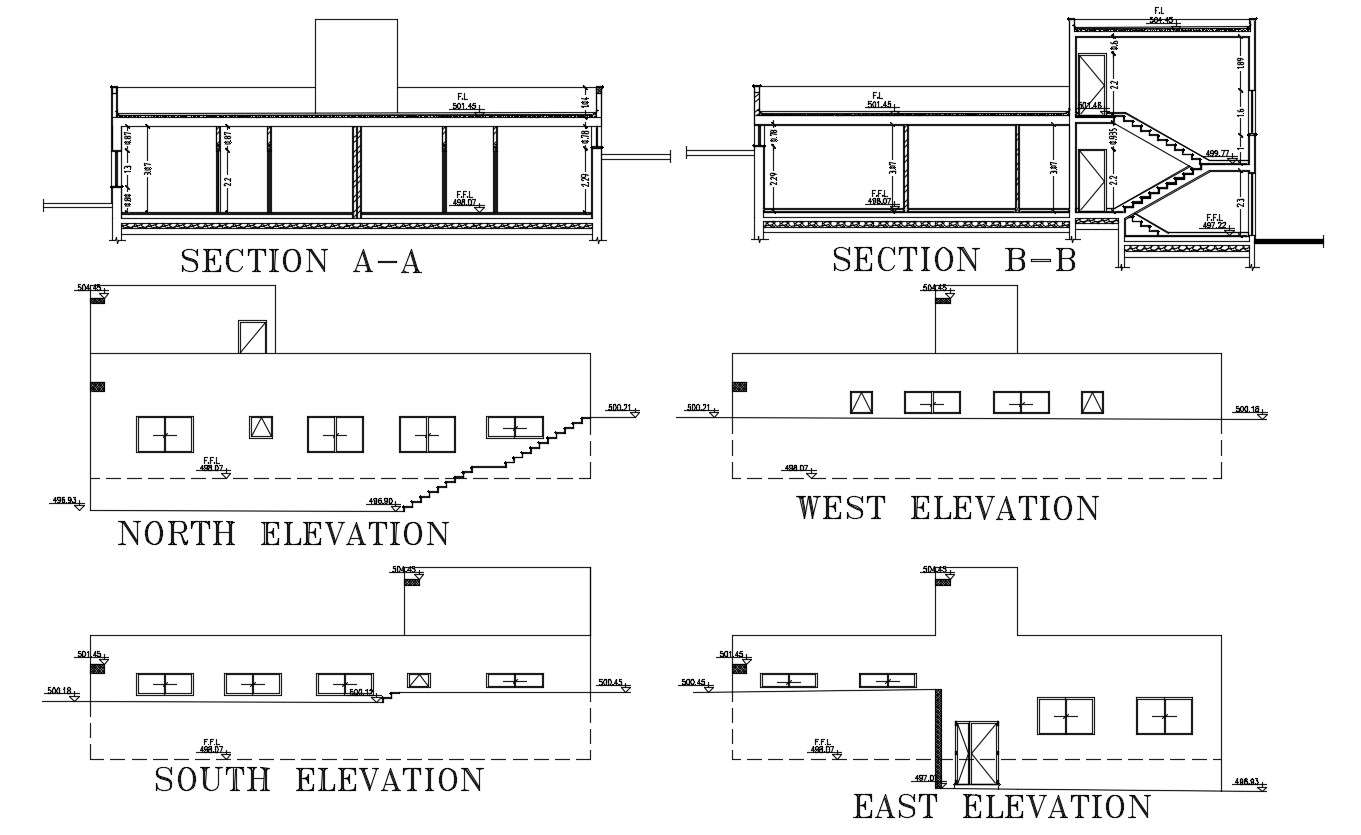Single Story House Elevations And Sections Design - Cadbull