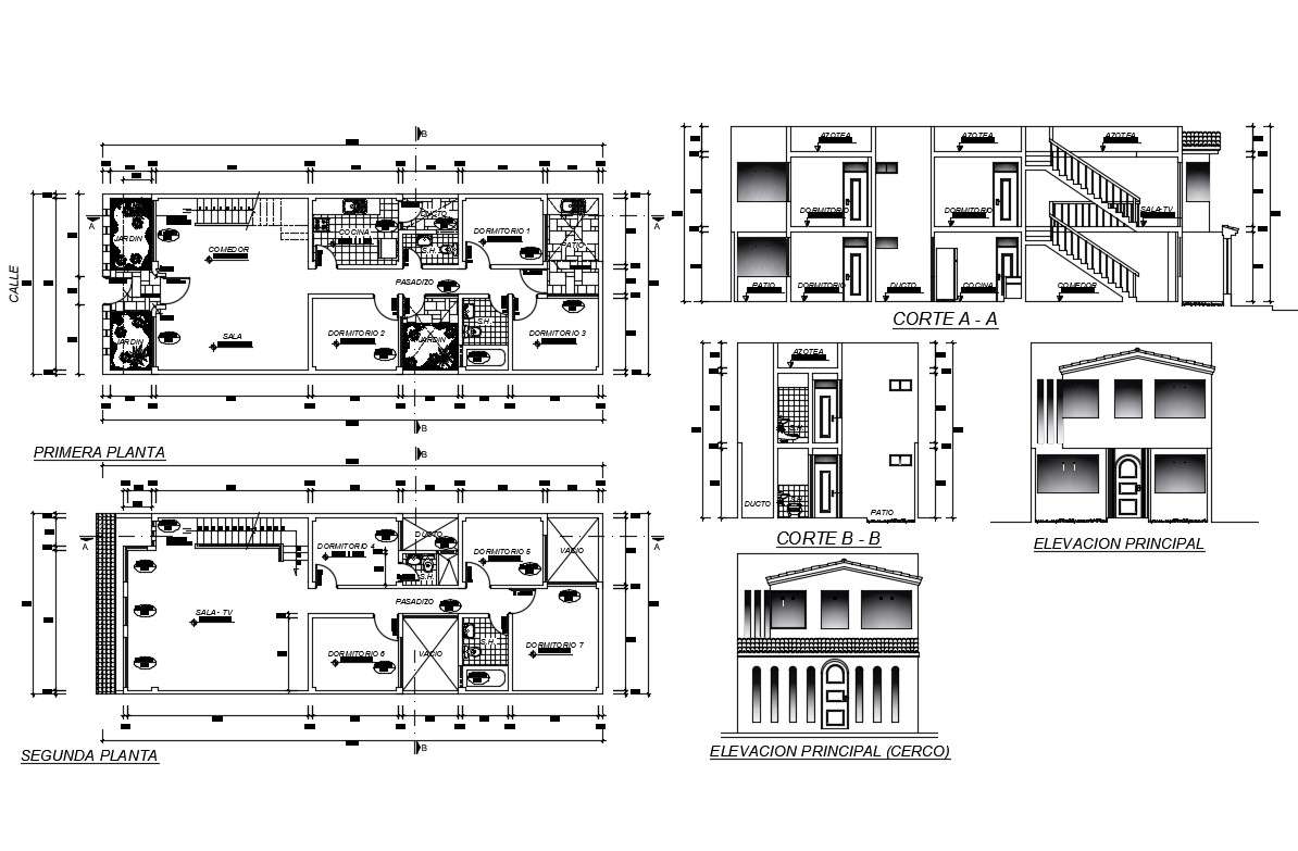 Single family house  elevation  section  first and second 