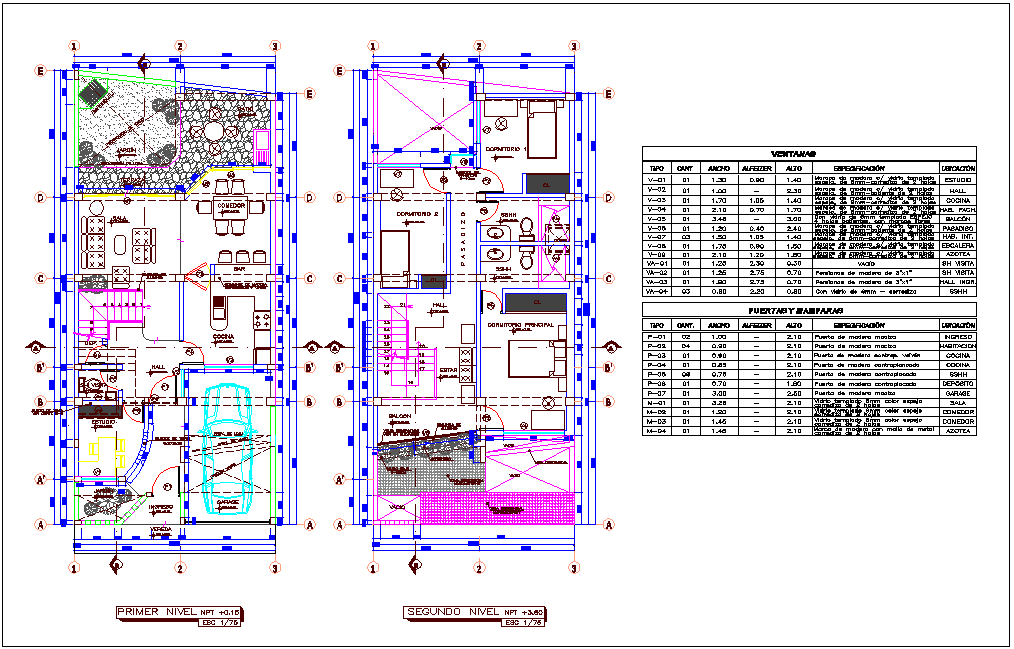 Single family house floor plan with door and window schedule dwg file