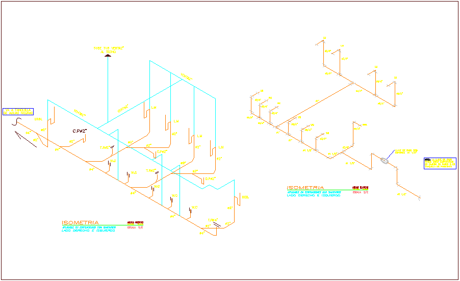 Single Sanitary Water Line Isometric View With Black And White Water Line System For Classroom