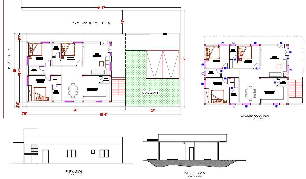 Single Storey 3 Bedroom House Ground Floor Plan And Sectional Elevation