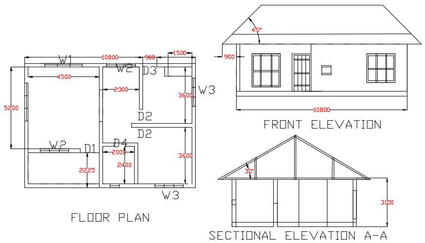 Single Storey House Plan With Section And Elevation Drawing Dwg File ...