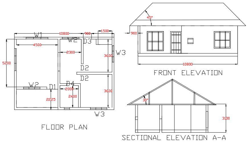Single Storey House Plan With Section And Elevation Drawing Dwg File 