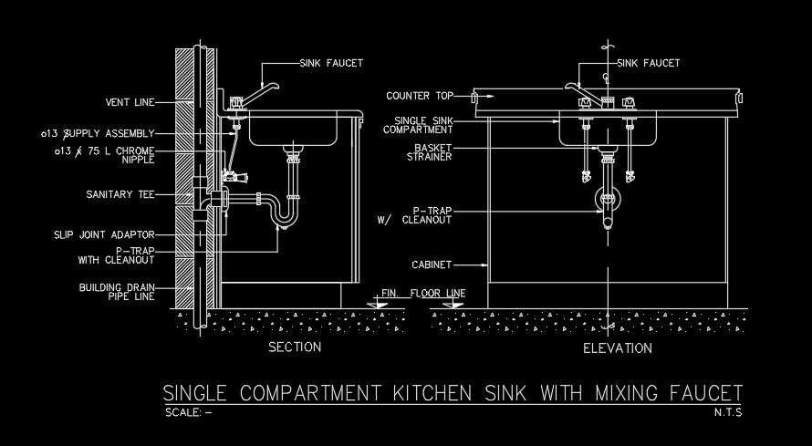 Single Compartment Kitchen Sink With Mixing Faucet Autocad Drawing Model Cadbull