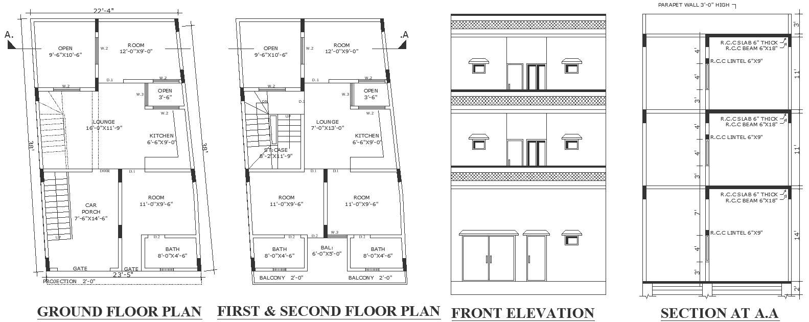 Six feet by five feet balcony design with elevation section and other ...