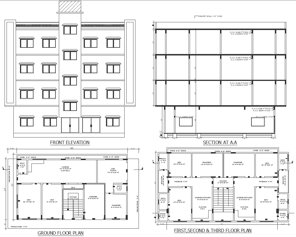 Six inch by nine inch lintel level details with elevation section and ...