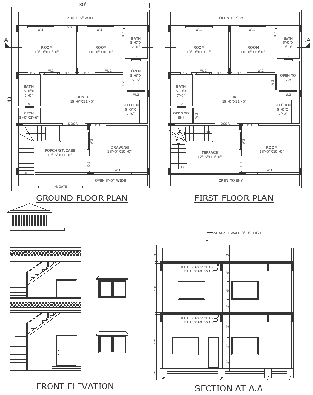 Slant roof design for house plan with details floor plan and elevation ...