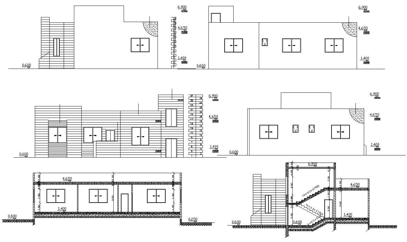 Small House Elevations And Sections Design Dwg File - Cadbull