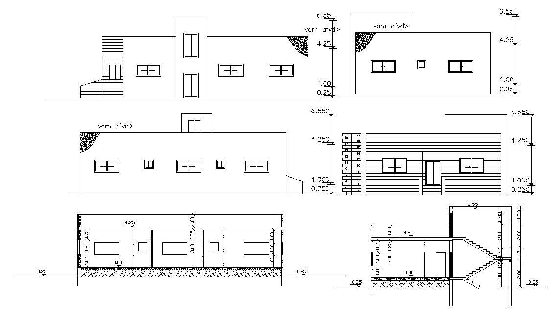 Small Four Side elevations And sections Of House Design CAD - Cadbull