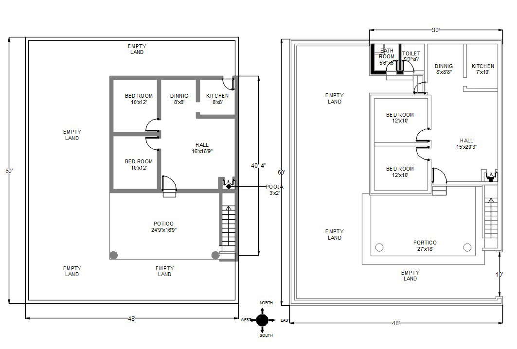 South Facing 2 Bhk House Floor Plan Autocad Drawing Dwg File Cadbull