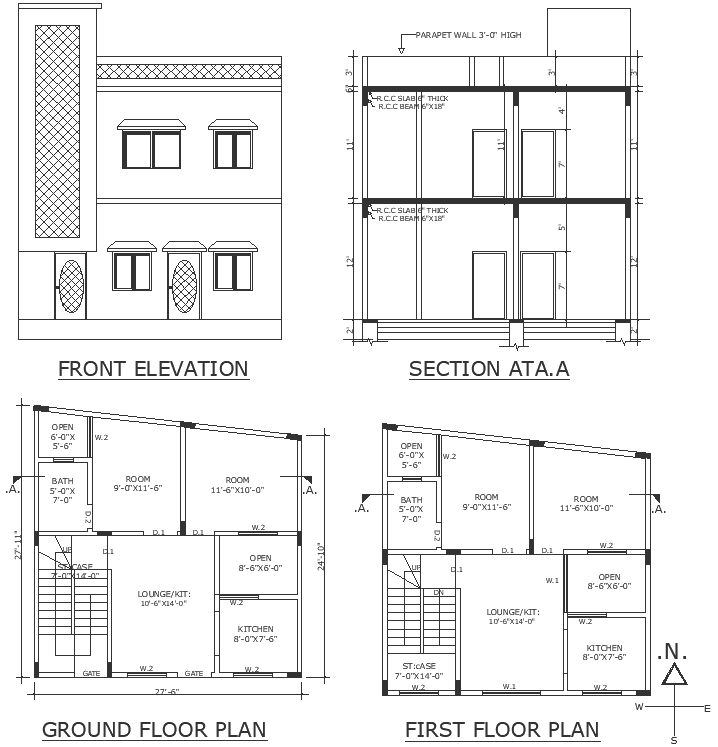 South facing house structure details with floor plan and facade dwg ...