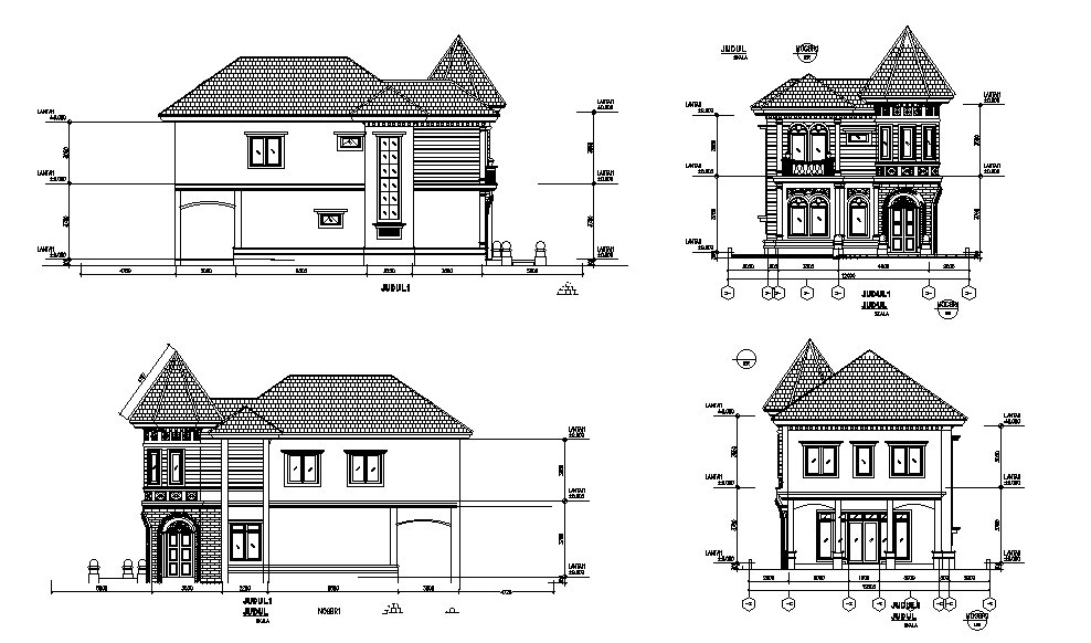 Span Roof House Building All Side Elevation Design Download DWG File ...