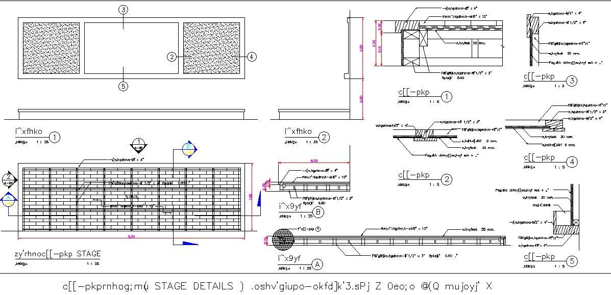 Stage section and elevation details are given in this 2D AutoCAD ...