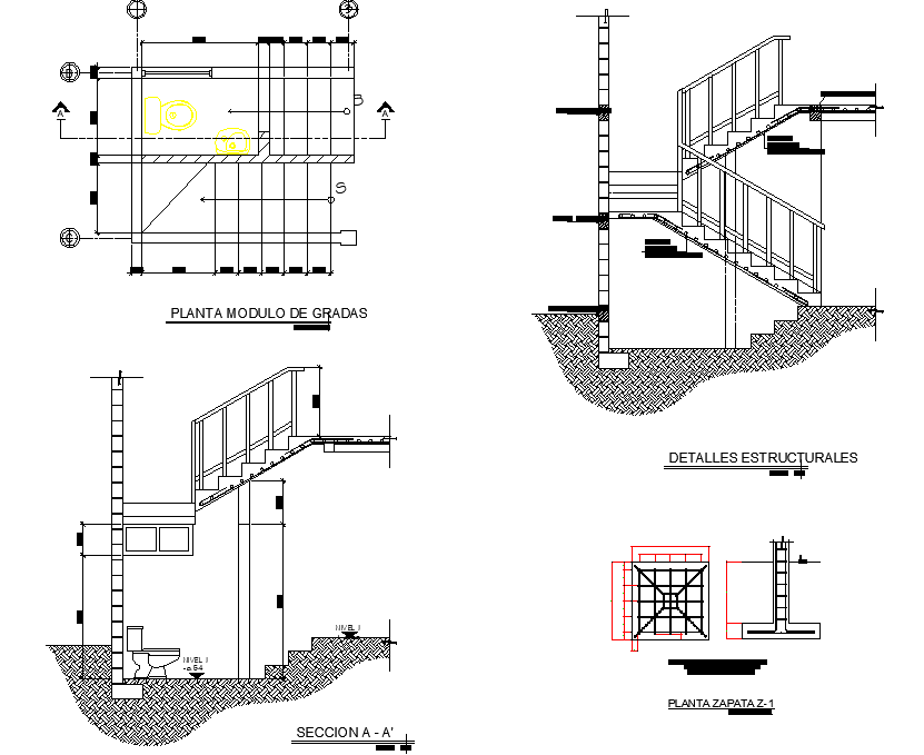 Stair plan and section detail autocad file Cadbull