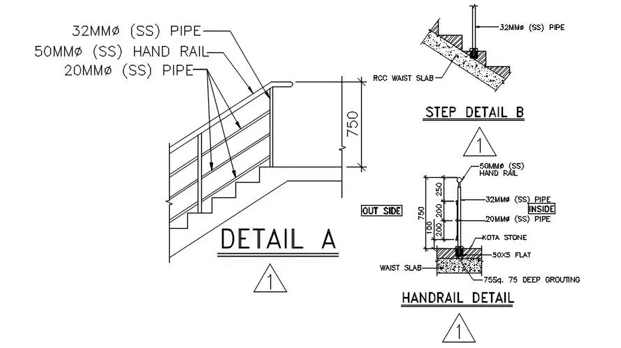 Typical Detail Of The Handrail Is Given In This 2d Autocad Dwg Drawing ...