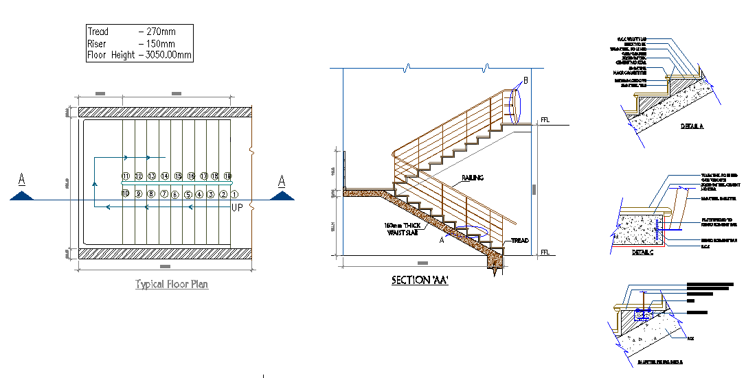 Staircase Plan Layout With Elevation - Cadbull