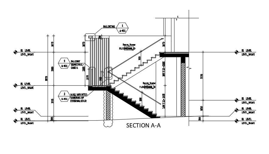 Staircase section plan and level including dimension. - Cadbull