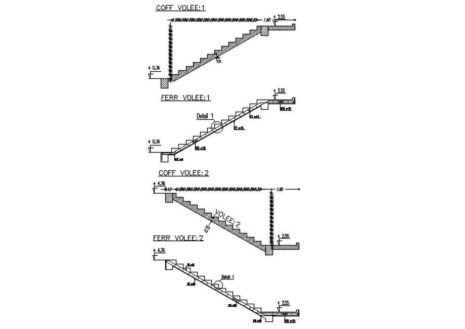 Stairs plan in different section mention in2D Autocad DWG files. - Cadbull