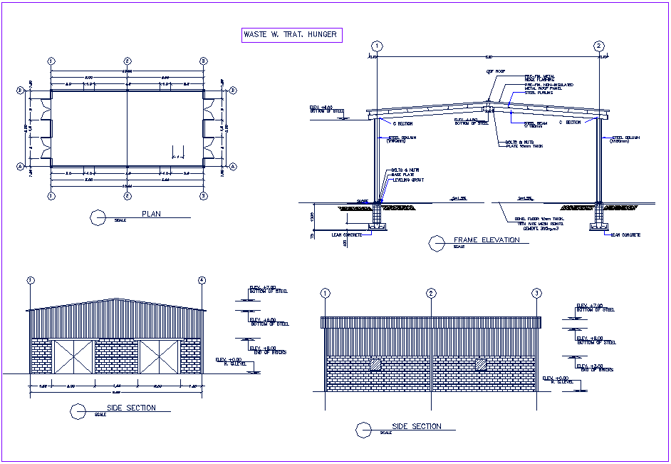 Steel column and beam view wit its foundation plan,elevation and ...