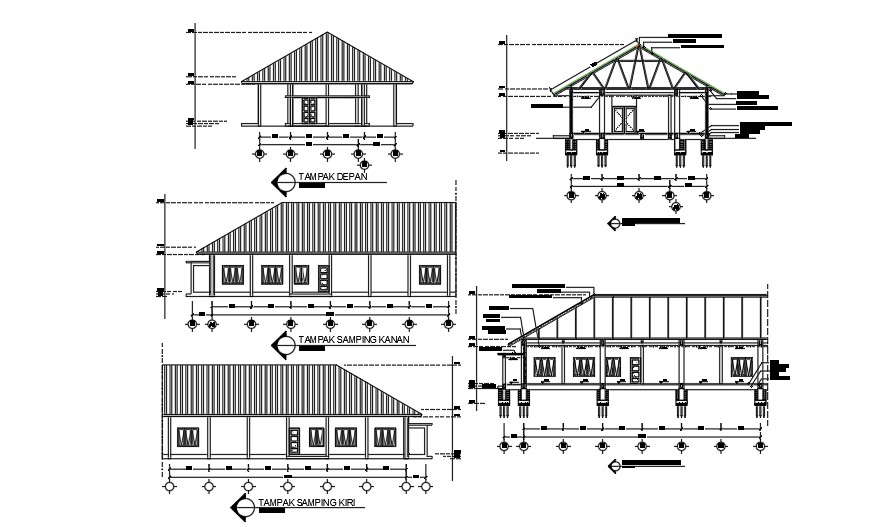 Structure and elevation plan of house including views - Cadbull