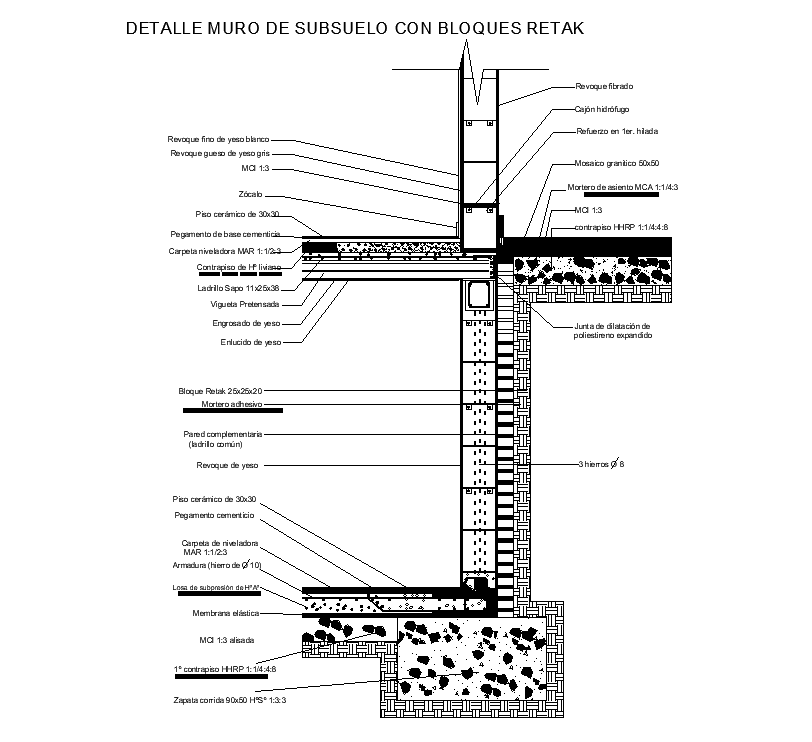 Subfloor wall detail with retak blocks detail is given in this Autocad ...