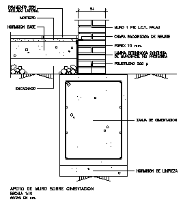 Support wall on foundation section design drawing - Cadbull