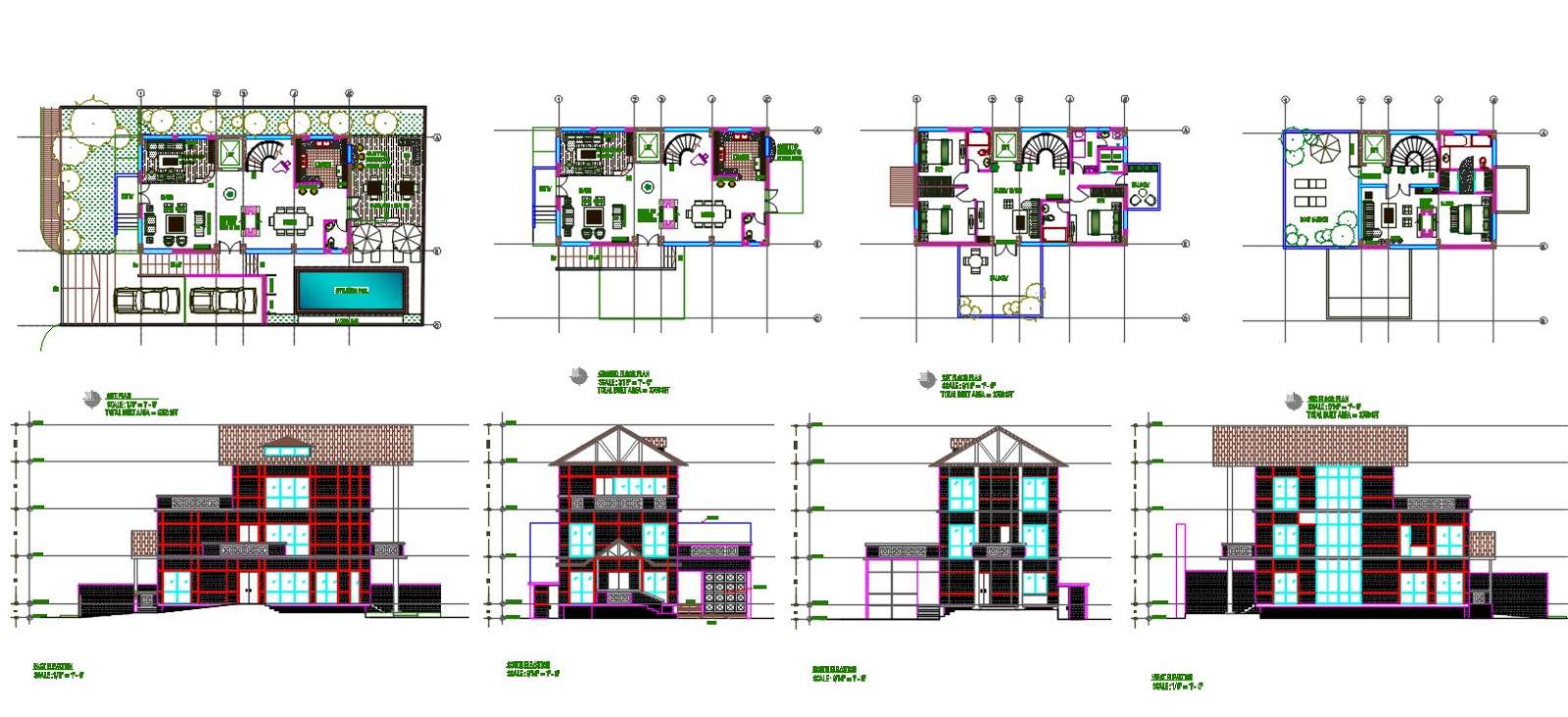 Swimming Pool Bungalow Plan With Elevation Design AutoCAD File - Cadbull