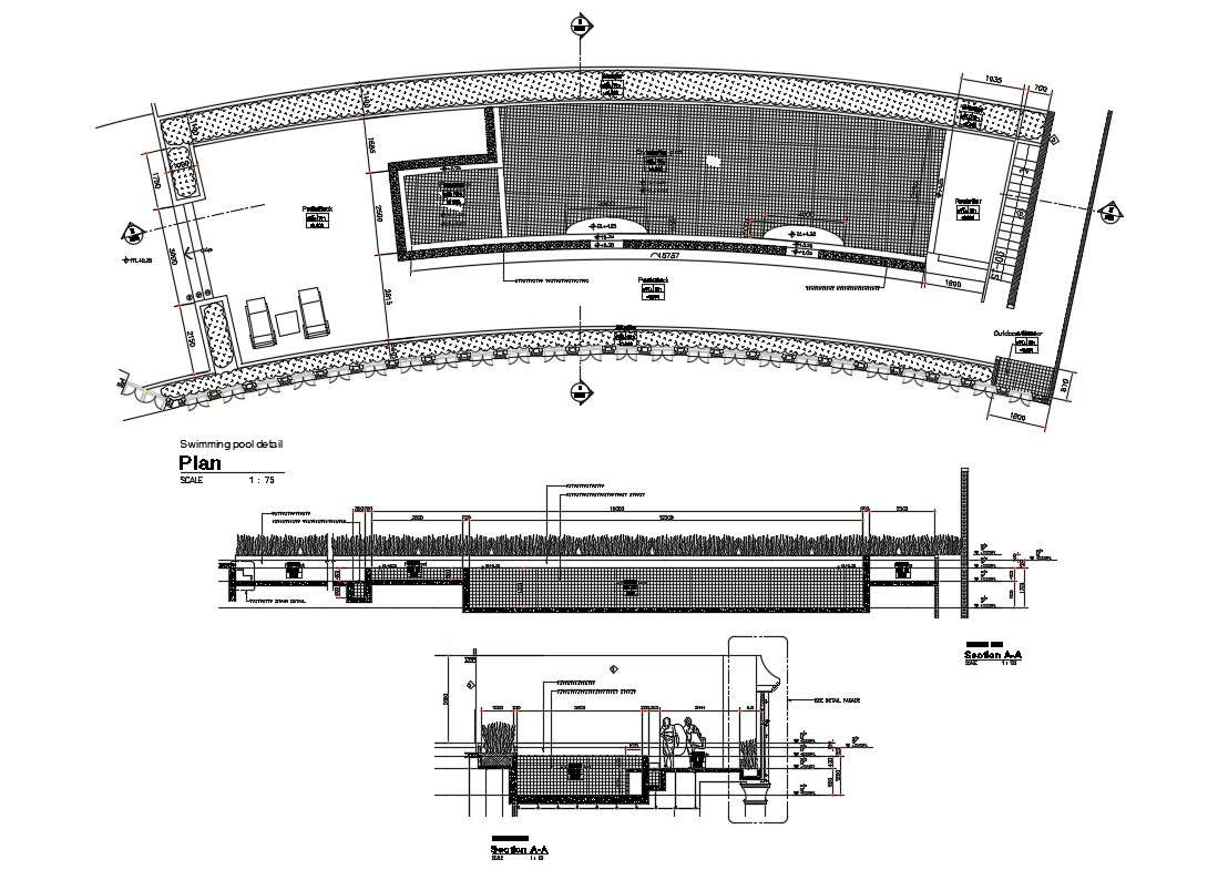 Swimming pool section, plan and cad drawing details dwg