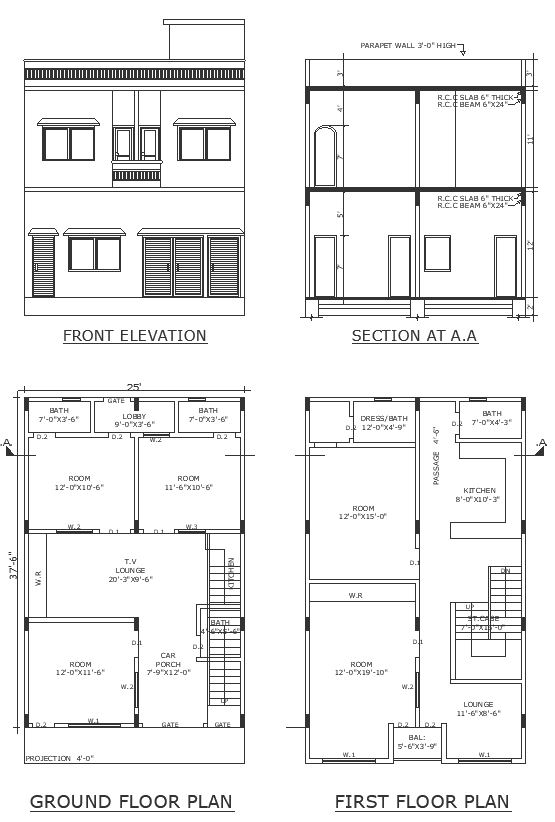 TV lounge and porch design with elevation section and house plan dwg ...