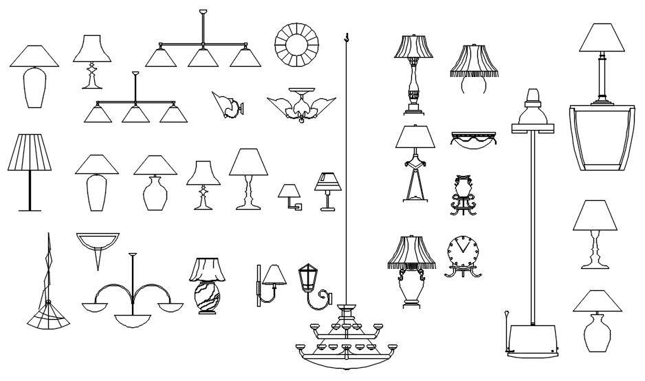 Table lamps and chandelier designs CAD blocks in AutoCAD 2D drawing ...