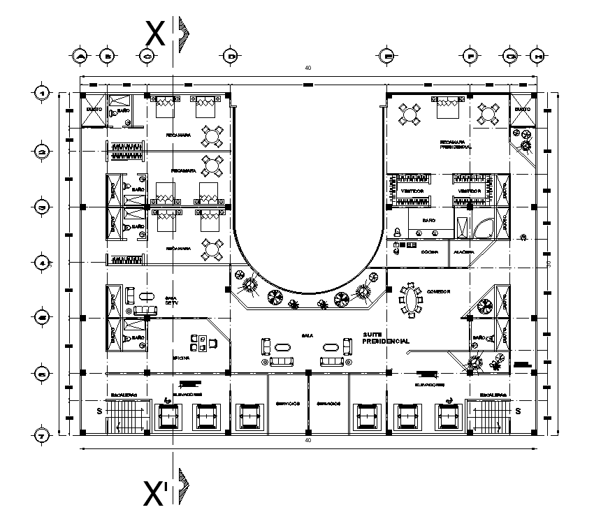 The 40x30m 15th floor level hotel plan is given in this AutoCAD drawing ...