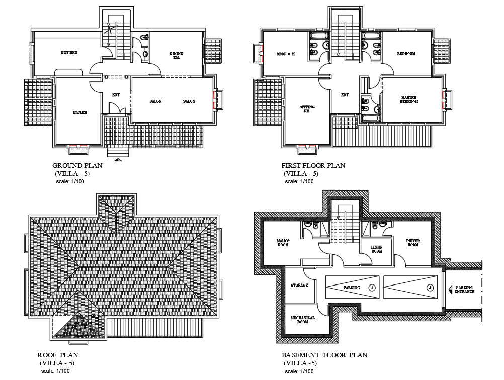 The Autocad 2d Drawing File Having The Individual Villa Floor Plan With Basement Two Car Park