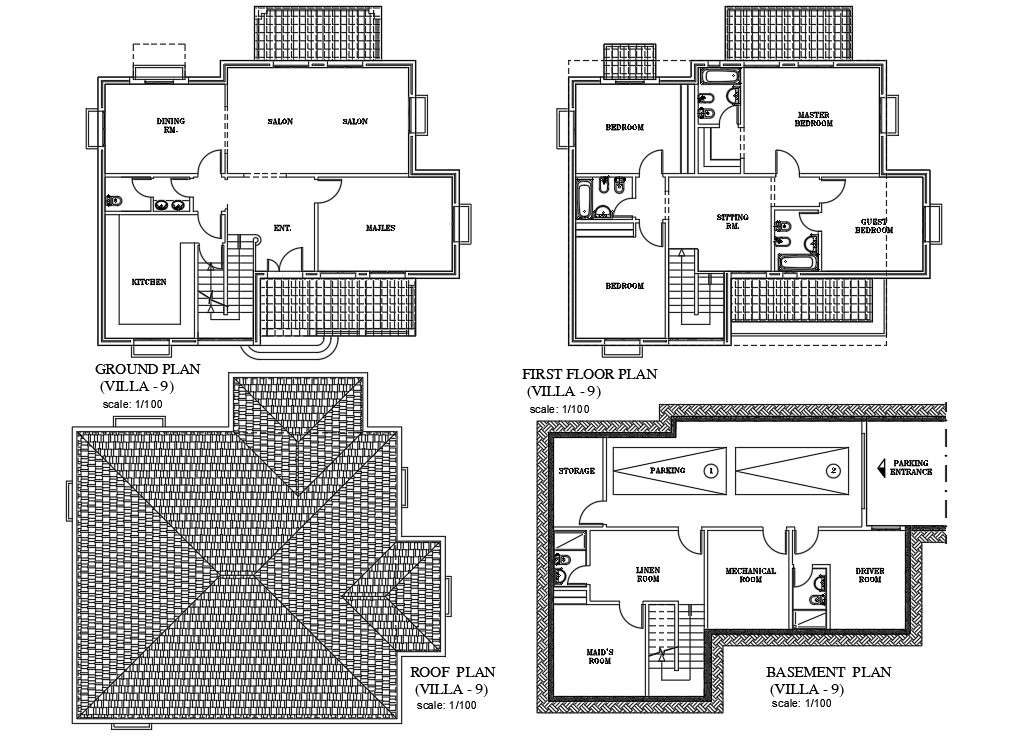 The Autocad 2d Drawing File Having The Villa Floor Plan With Basement Two Car Park Facilities