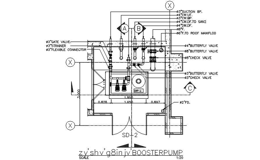 The Booster pump typical section details are given in this DWG CAD