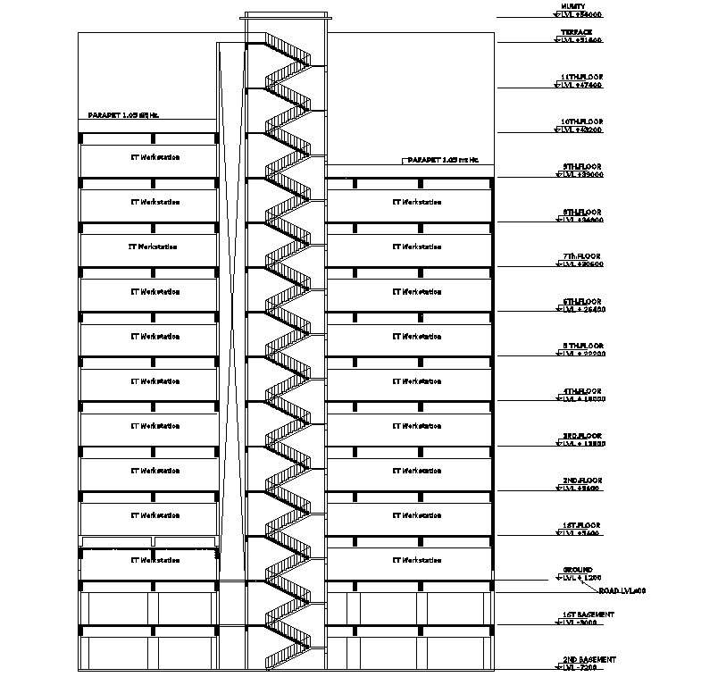 The Cad Drawing Dwg 2d File Of The G11 Tall Building Side Staircase Elevation And Section