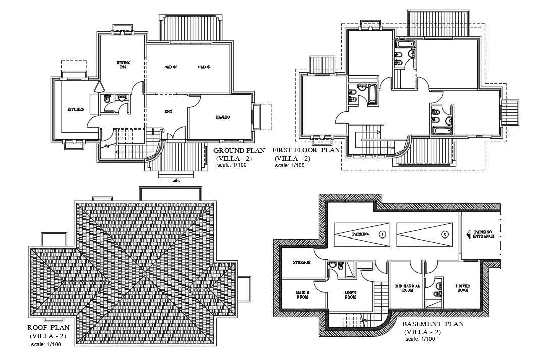 The Dwg Autocad 2d Drawing File Having The Individual Villa Floor Plan With Basement Two Car