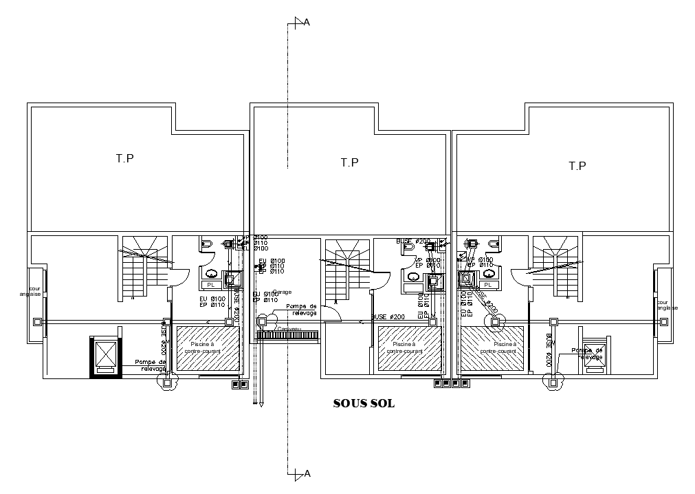 The Sanitary Layout Of The 32x13m First Floor Row Villa House Plan Is Given In This Autocad