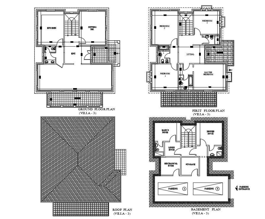 The Autocad Dwg Drawing File Shows Villa Plan Of Basement Plan Ground Floor Plan First Floor