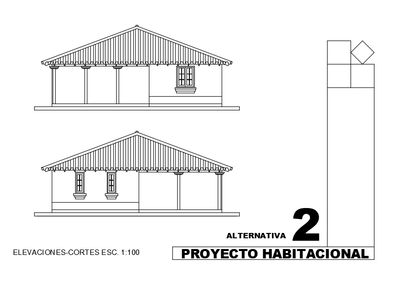 The Back Side Elevation And Right Side Section View Of The 10x10m House Building Drawing Cadbull