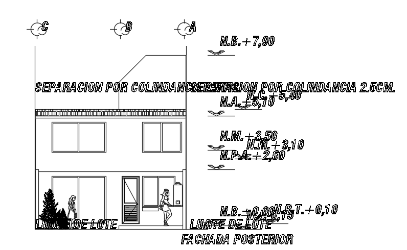 The Back Side Elevation View Of The 7x23m House Building Autocad Drawing Cadbull