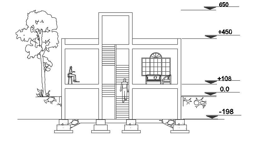 The Back Side Section View Of The 11x15m Architecture Home Building 2d Autocad Dwg Drawing Cadbull