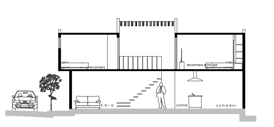 The Back Side Section View Of The 12x5m Two Story House Building Autocad Cadbull