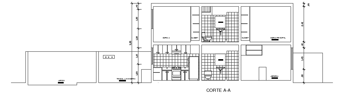 The back side section view of the 20x6m two story house building cad ...