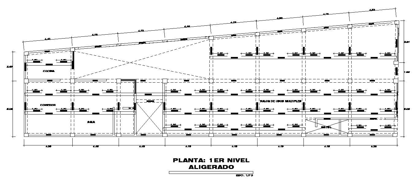 The Column Layout Of The 34x10m First Floor House Plan Is Given In This Autocad Drawing Model