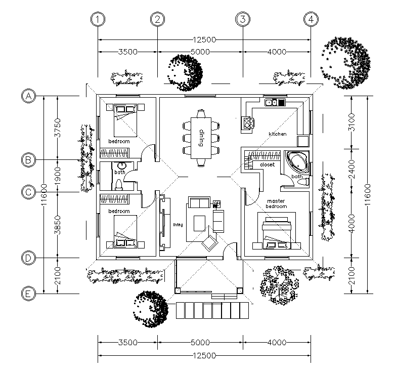 The dimension detail of 46’x38’ residential house plan is given in this ...