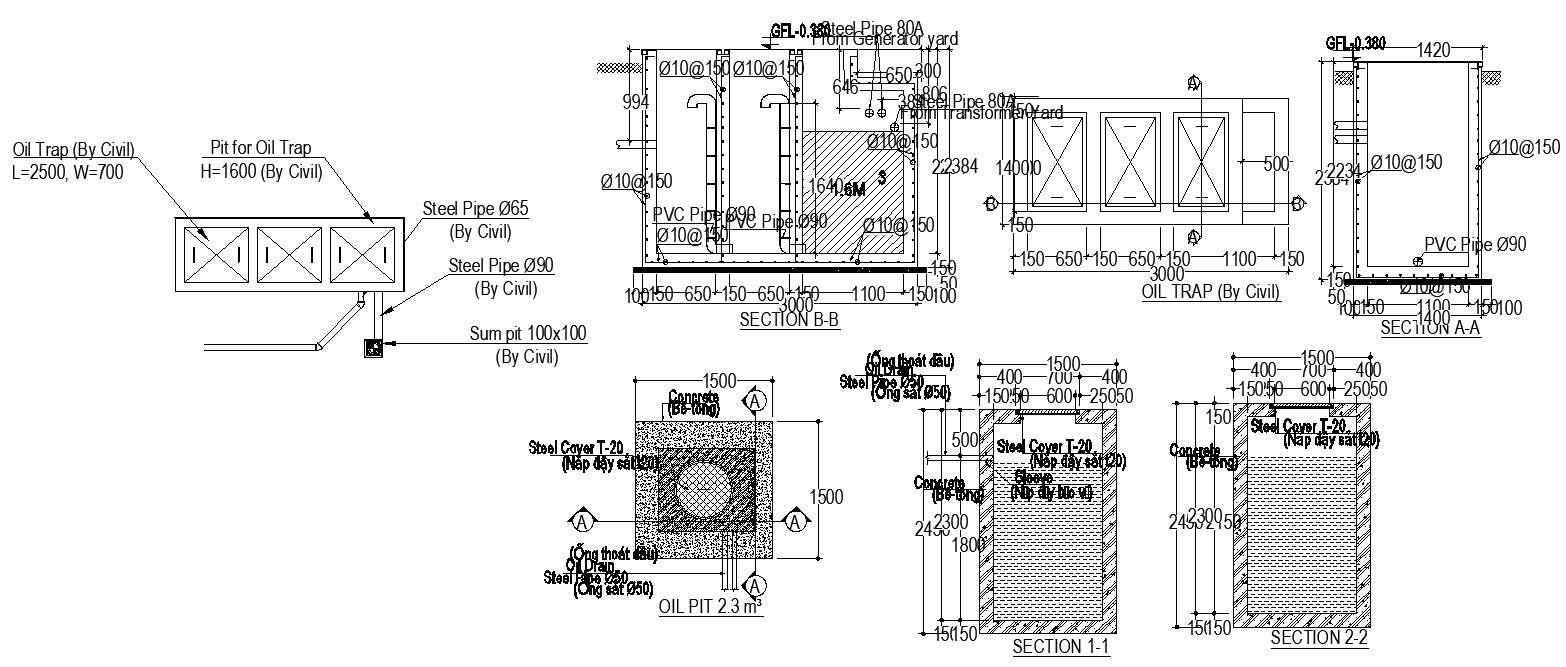 The drawing file of the oil pit and oil trap details. Download the